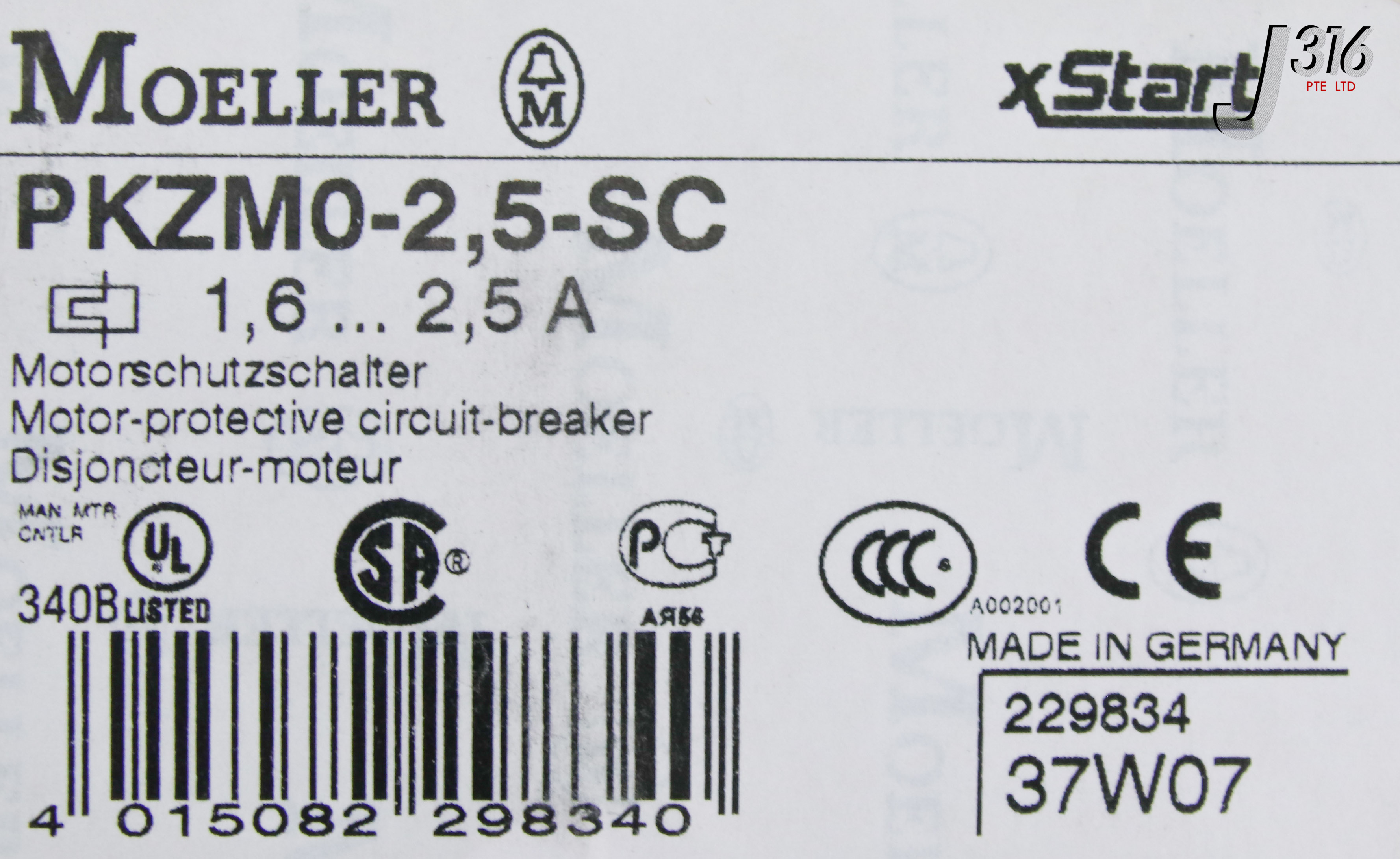 19445 MOELLER 3P CHANNEL MTR-PROTECTIVE CIRCUIT-BREAKER 2.5A (NEW